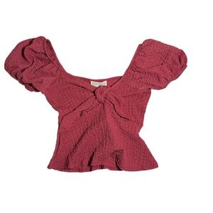 See You Monday Textured Top Puff Sleeve Red Ruffled Size XS NWT Tie Front